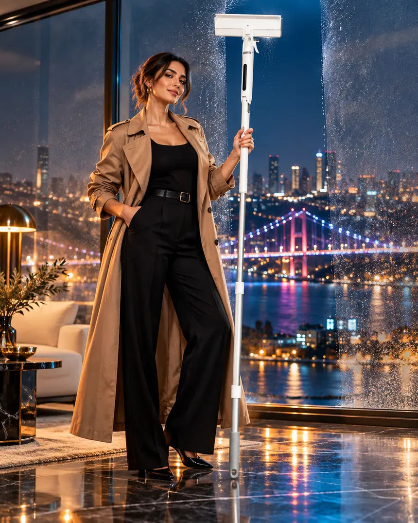 Panoramik cam duvar önünde saplı Olinman 3 in 1