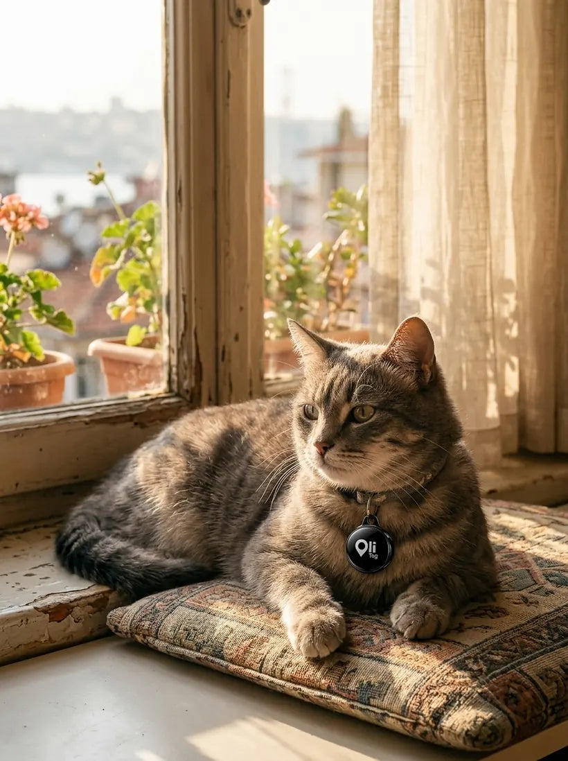 Pencere kenarında tasmasında Olitag olan kedi