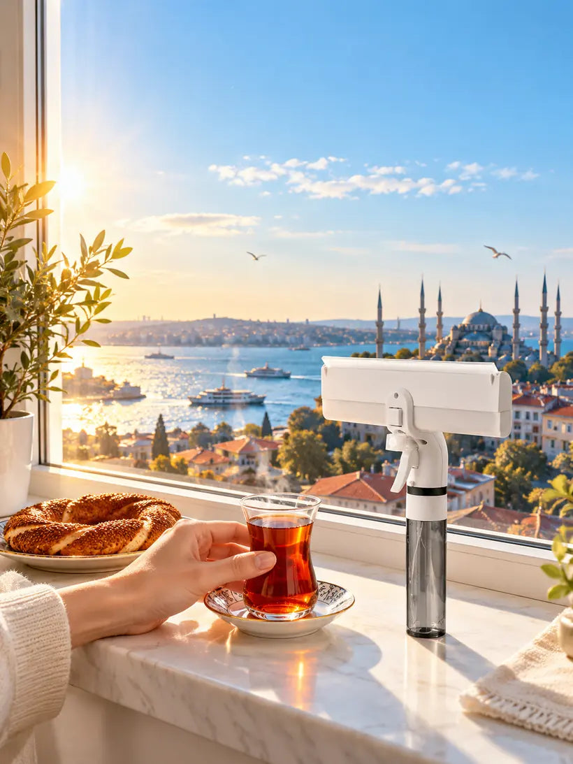 Temiz camın ardında İstanbul sabahı ve çay
