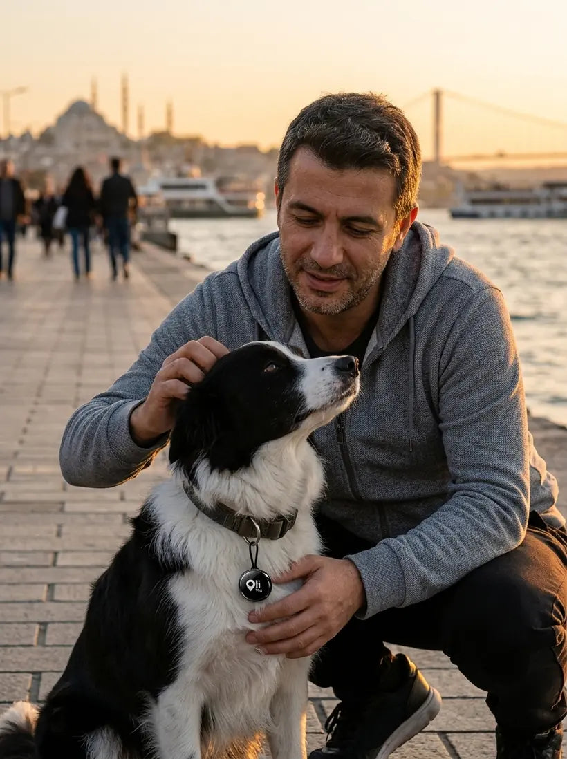 Sahilde köpeğini seven adam, tasmada Olitag